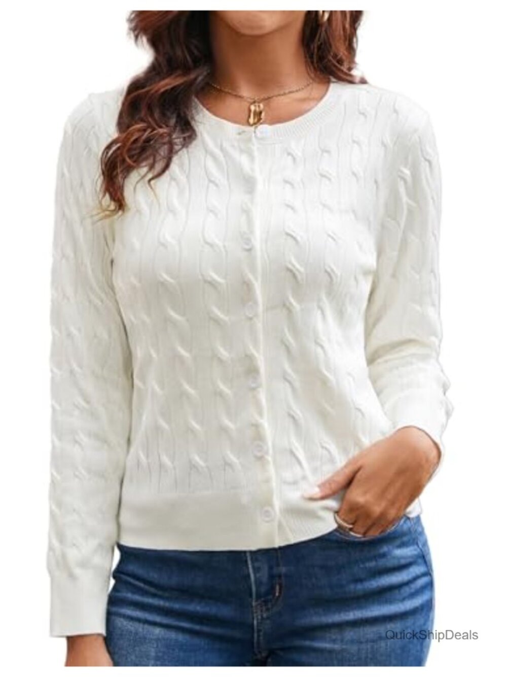 Cable Knit Cardigan Sweater Cropped Button Up Crew Neck Long Sleeve